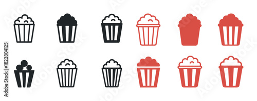 Black and red popcorn icons set with various designs