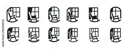 Minimalistic icons of rocking chairs by windows in various styles