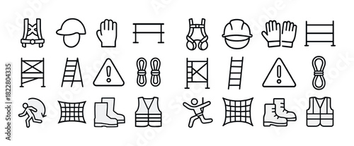 Safety equipment icons set: helmets, gloves, harnesses, ladders, boots for construction safety