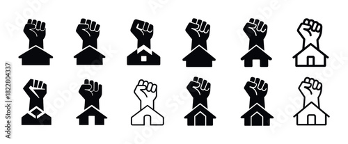 Black and white fist icons with houses symbolizing resistance and unity