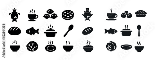 Collection of traditional russian cuisine icons in black silhouette style