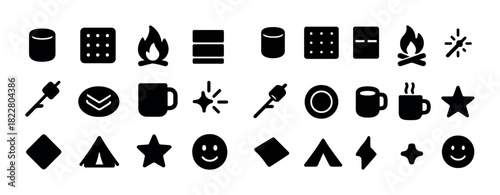Collection of campfire and camping icons in black silhouette style