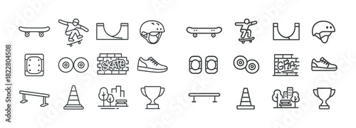 Skateboarding icons collection: skateboards helmets ramps urban elements