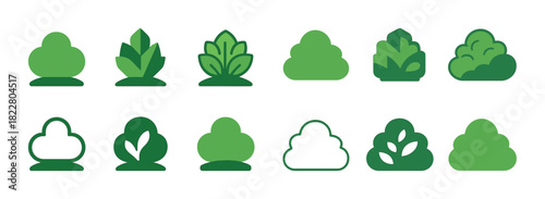 Collection of various green bush icons displayed in simple graphic style