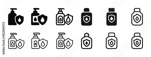Black and white hand sanitizer and lotion icon set with shield symbols