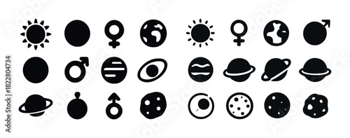 Set of solar system icons featuring planets, sun, earth, and gender symbols