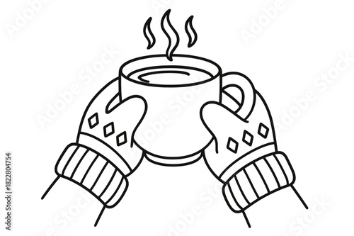 Gloved Hands with Coffee. Stylish gloves holding coffee children?s coloring book illustration, outlined