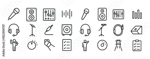 Audio equipment icons set: microphone, headphones, mixer, speaker, sound control symbols