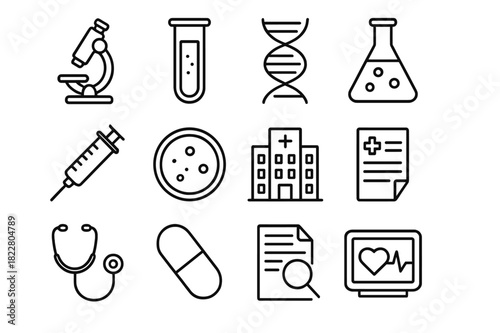 Healthcare Icon Grid. Breakthrough healthcare icons. Line outline icon set of breakthrough healthcare icons: