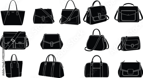 Set of black vector silhouette illustrations featuring various modern handbags, shoulder bags, briefcases, and tote bags, perfect for fashion design, retail, and commerce