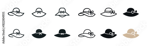 Various women’s wide-brimmed hat icons in different styles and colors