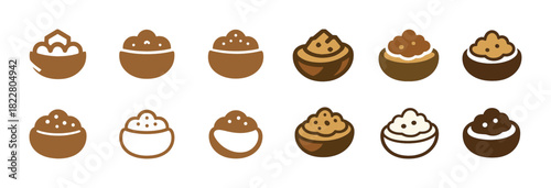 Various iconic brown bowl designs with rice and grains in flat style