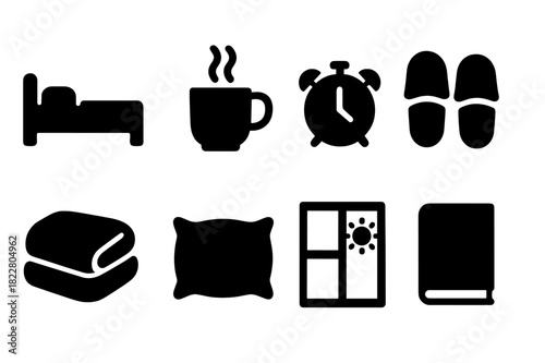 Lazy Morning Icons. Lazy Mornings. Filled icon set of Lazy Mornings: bed, coffee cup, alarm clock, slippers,