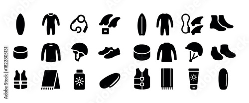 Surfing gear silhouettes: boards, wetsuits, helmets, and accessories collection