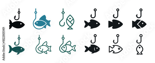 Various fish and hooks icons in black and blue on white background