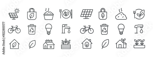 Eco-friendly icons set: solar, sustainability, recycling, green energy, nature