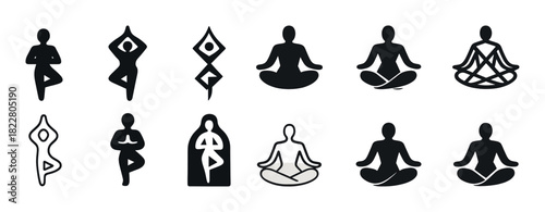 Silhouette yoga poses icons in meditation and balance styles