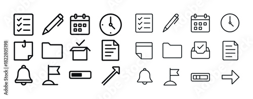 Minimalist icon set: checklist, calendar, clock, bell, arrow, folder, paper, box