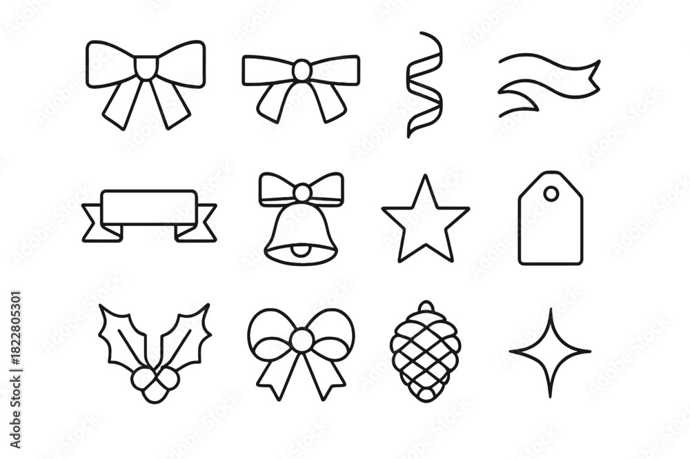 Fototapeta premium Ribbon and Bow Icons. Ribbon and Bow Set. Line outline icon set of Ribbon and Bow Set: ribbon bow, tied ribbon