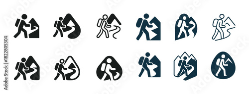 Hiking icon set: diverse symbols of outdoor trekking and adventure