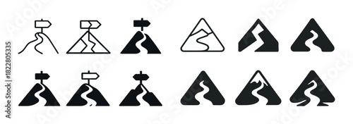 Stylized mountain icon set with hiking trails and directional signs