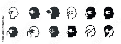 Silhouettes of human heads with plug and socket symbols in profile view