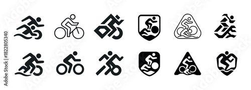 Set of vector triathlon icons featuring swimming, cycling, and running motifs