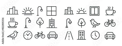 Minimalist city elements: buildings, nature, vehicles, and everyday icons