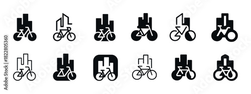 Set of bicycle and city skyline logos in black and white design