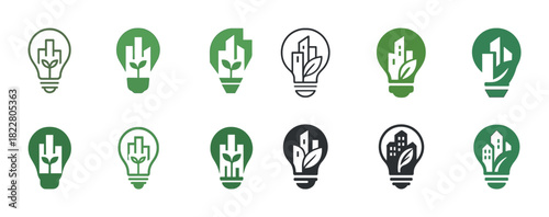 Eco-friendly city logos: green urban light bulb designs