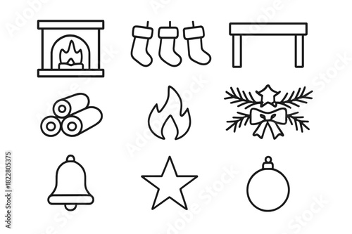 Christmas Mantel Icons. Christmas Mantel Scene. Line outline icon set of Christmas Mantel Scene: fireplace,