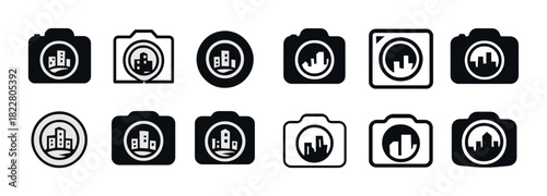 Set of camera logos with cityscape icons