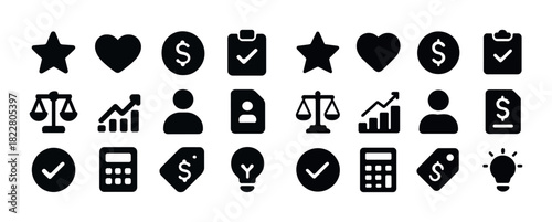Set of 24 financial and business icons including star, heart, dollar, and calculator