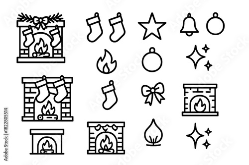 Festive Fireplace Icons. Fireplace with Stockings. Line outline icon set of Fireplace with Stockings: