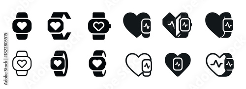 Smartwatch heartbeat icons set: heart rate monitors and health symbols