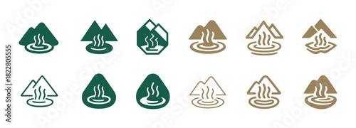 Geothermal energy icons set featuring green and brown mountain designs