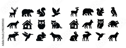 Silhouettes of diverse forest animals and cozy cabins