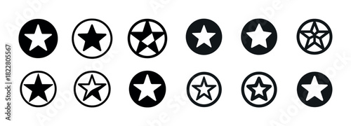 Variety of star symbols in circular icons: black and white designs