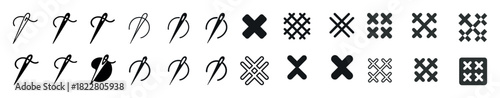 Sewing needle and stitch icons: embroidery tools and patterns collection