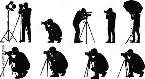 Set of Eight Black Silhouette Vector Illustrations of Professional Photographers Using Cameras, Tripods, and Lighting Equipment, Capturing Moments for Photography Studio and Media Projects