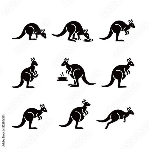 Black Silhouette Kangaroo Icons Showing Standing, Eating, and Jumping Poses