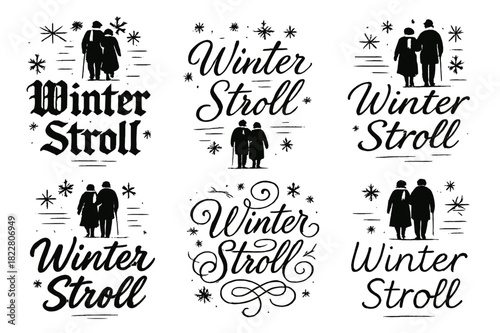 Winter Calligraphy Styles. Winter Stroll. Create a calligraphy lettering illustration of the phrase: Winter