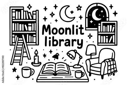 Moonlit Library Doodle. Moonlit library. Hand-drawn doodle illustration of moonlit library. Bookshelves,
