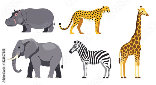 Flat 2D vector illustration featuring a collection of popular African safari wild animals, specifically showing an elephant, zebra, giraffe, hippo, and cheetah isolated on a plain white background.