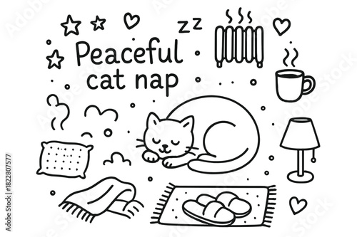Peaceful Cat Nap. Peaceful cat nap. Hand-drawn doodle illustration of Peaceful cat nap. curled cat, heater,