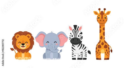 Adorable African safari cartoon animals, including a cheerful lion, cute elephant, striped zebra, and tall giraffe, presented in a flat 2D isolated vector illustration on a bright white background.
