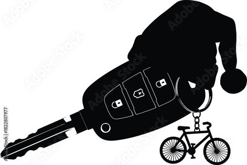 Black silhouette of car key with Santa hat and bicycle keychain vector