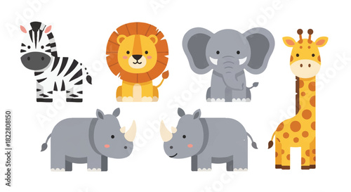 Cute safari animals, including a zebra, lion, elephant, rhino, and giraffe, depicted together in a vibrant flat 2D vector illustration isolated on a pure white background.