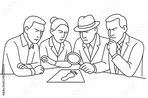 Sleuths in Discussion. Investigation Scene. Minimalistic one-line drawing small group discussing clues with