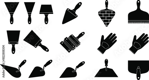 Collection of black silhouette construction tools and work gloves trowel spatula